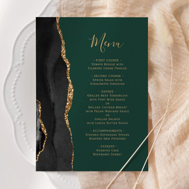 Elegant Black Gold Agate Dark Green Wedding Menu (Creator Uploaded)