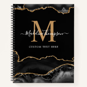 Elegant Black Gold Agate Geode Script Monogram Notebook