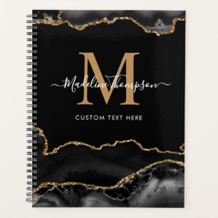 Elegant Black Gold Agate Geode Script Monogram Planner