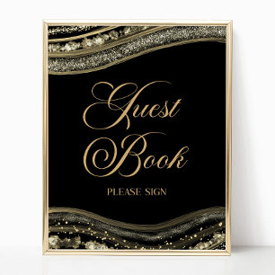 Elegant Black Gold Agate Guest Book Sign