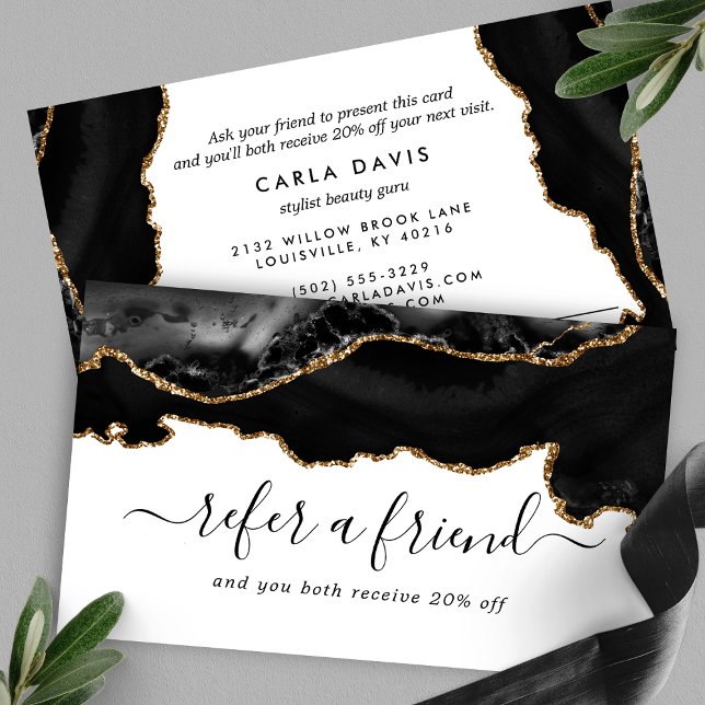 Elegant Black Gold Agate Marble Modern Referral Card (Creator Uploaded)