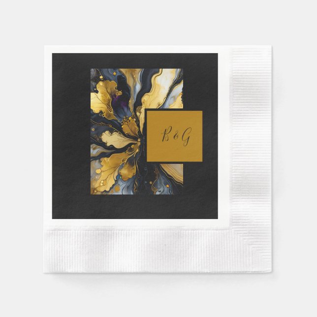 elegant black gold agate marble wedding napkin (Front)