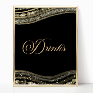 Elegant Black Gold Agate Party Drinks Sign