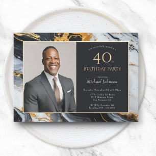 Elegant Black Gold Agate Photo 40th Birthday Invitation