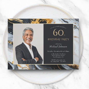 Elegant Black Gold Agate Photo 60th Birthday Invitation