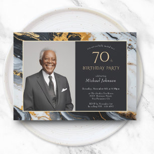 Elegant Black Gold Agate Photo 70th Birthday Invitation