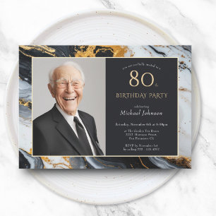Elegant Black Gold Agate Photo 80th Birthday Invitation