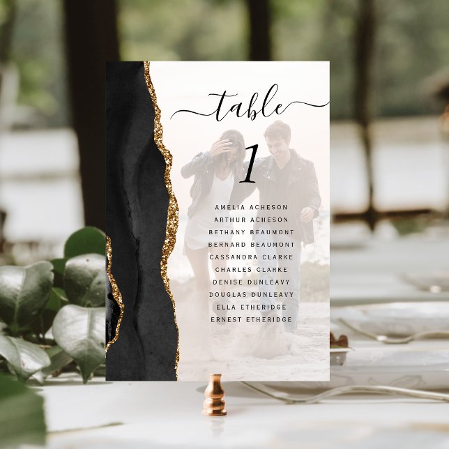 Elegant Black Gold Agate Photo Overlay Wedding Table Number (Creator Uploaded)