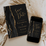 Elegant Black Gold Agate Save the Date Card<br><div class="desc">The left-hand edge of this elegant modern wedding save the date card features a black watercolor agate border trimmed with faux gold glitter. The customisable text combines gold-coloured handwriting,  copperplate and italic fonts on an off-black background. The reverse side is solid off-black.</div>
