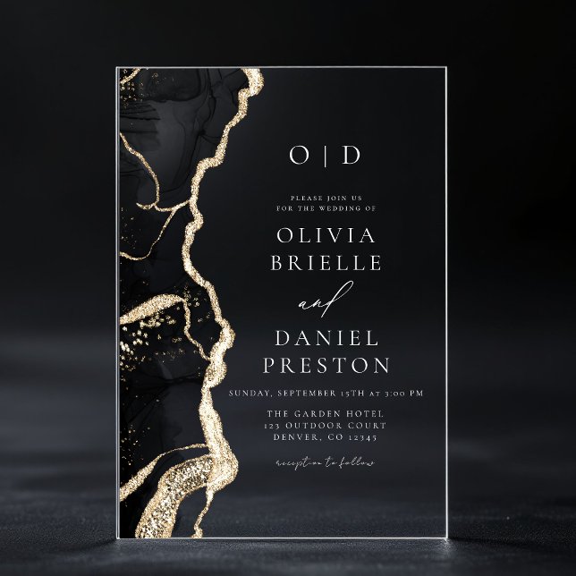 Elegant Black Gold Agate Wedding Monogram Acrylic Invitations (Creator Uploaded)