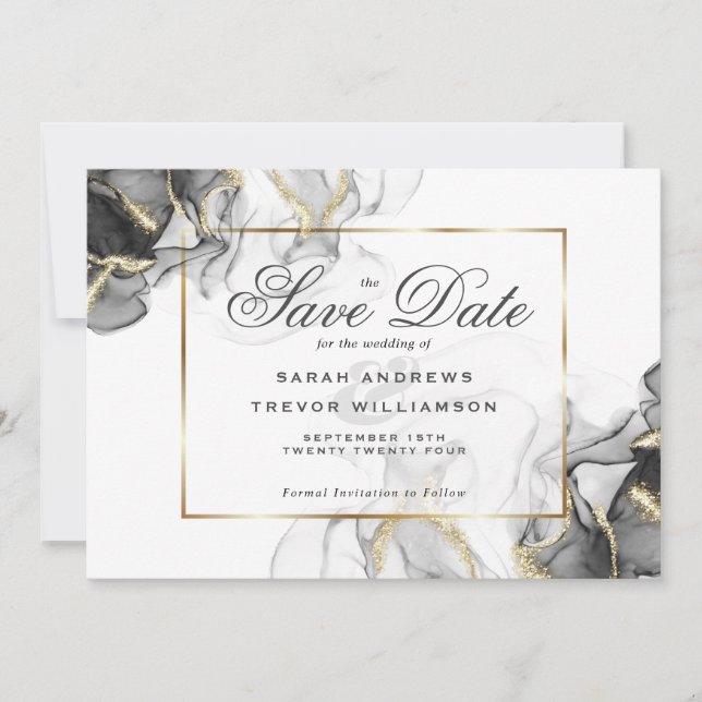 Elegant Black Gold Alcohol Ink Invitation (Front)
