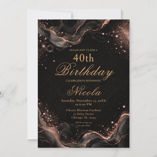 Elegant Black Gold Alcohol Ink Invitation (Front)