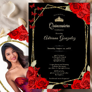 Elegant Black Gold and Red Roses Quinceanera Invitation