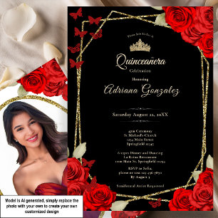 Elegant Black Gold and Red Roses Quinceanera  Invitation