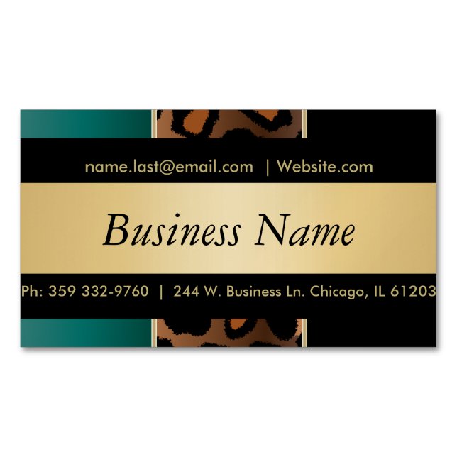 Elegant Black, Gold and Teal Leopard Stripes Magnetic Business Card (Front)