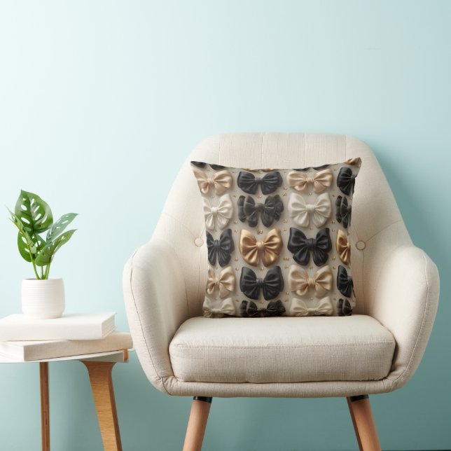 Elegant Black Gold and White Satin Bow Pattern Cushion (Chair)