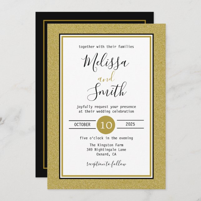 Elegant Black,Gold And White Wedding Invitation (Front/Back)