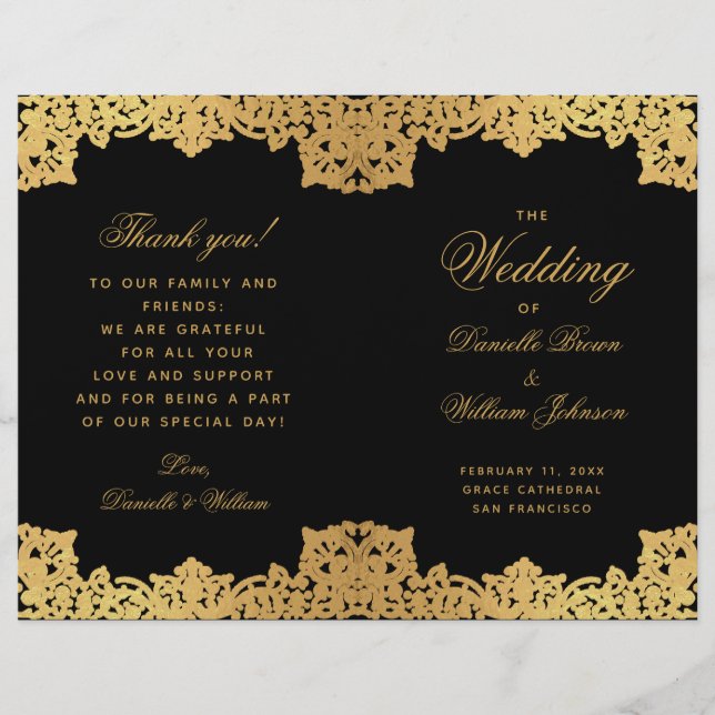 Elegant Black Gold Antique Folded Wedding Program (Front)