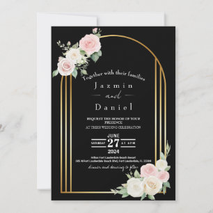 Elegant Black Gold Arch Blush & Cream Rose Wedding Invitation