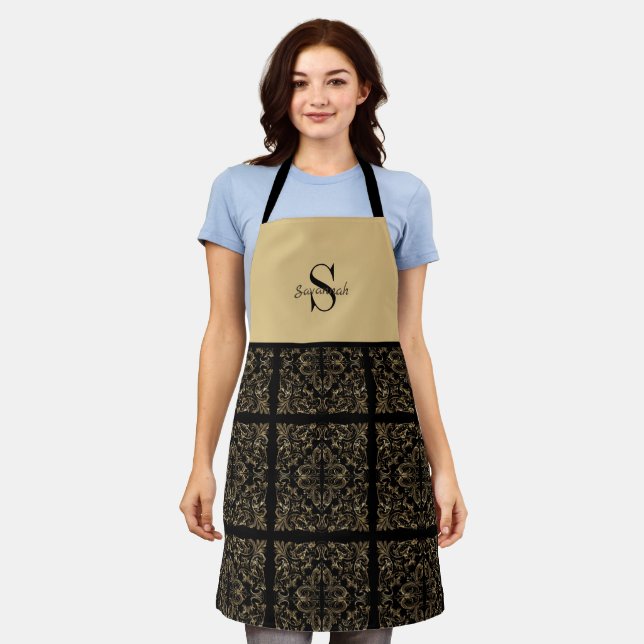 Elegant Black Gold Art Deco Design Monogram Apron (Worn)