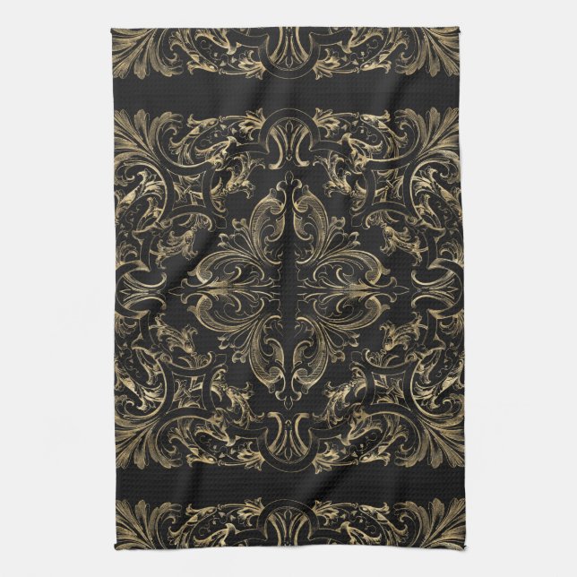Elegant Black Gold Art Deco Design Tea Towel (Vertical)