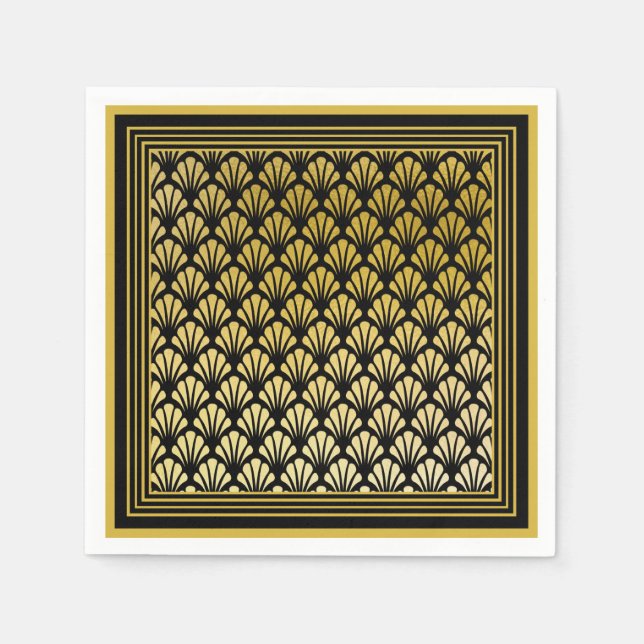 Elegant Black & Gold Art Deco Fan Pattern Wedding Napkin (Front)