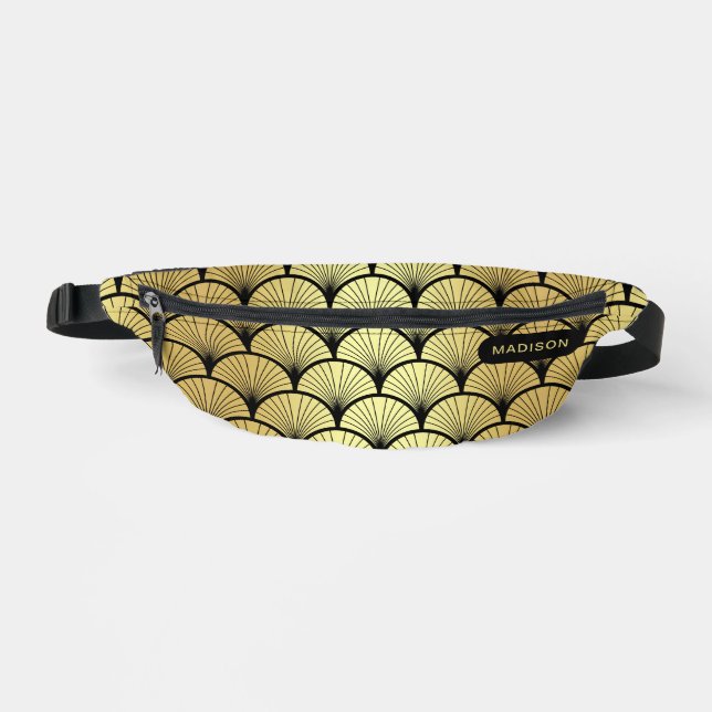 Elegant Black Gold Art Deco Pattern Personalised Bum Bags (Front)