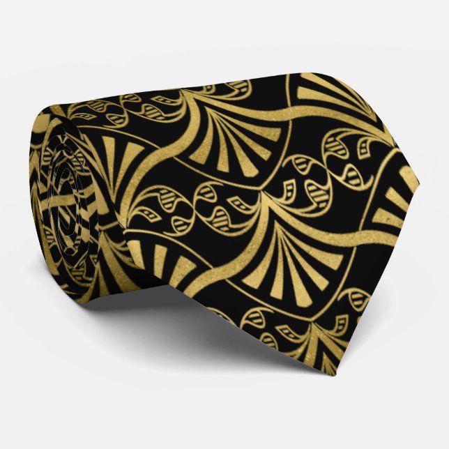 elegant black gold art deco pattern tie (Rolled)