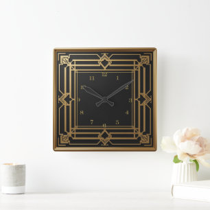 Elegant black gold Art Deco Square Wall Clock