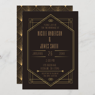 Elegant Black Gold Art Deco Wedding Marriage Invitation