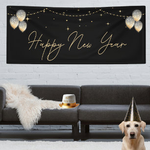 Elegant Black Gold Balloon Happy New Year Banner