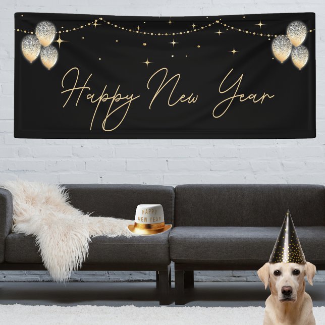 Elegant Black Gold Balloon Happy New Year Banner (Chic black and gold Happy New Year party banner. twinkling accents, ideal for holiday celebration)