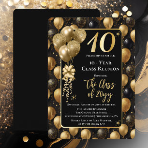 Elegant Black Gold Balloons 10 Year Class Reunion Invitation