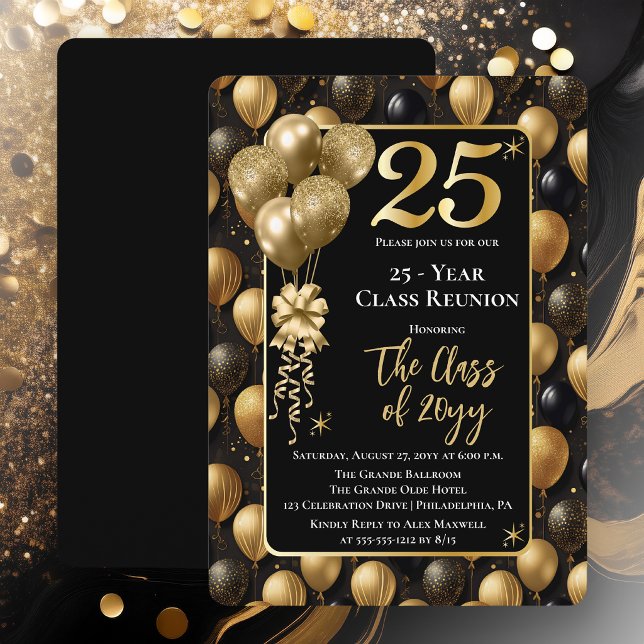 Elegant Black Gold Balloons 25 Year Class Reunion Invitation (Elegant 25 Year Black and Gold Tone Faux Glitter Balloons Class Reunion Invitations)