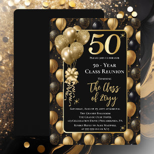 Elegant Black Gold Balloons 50 Year Class Reunion Invitation