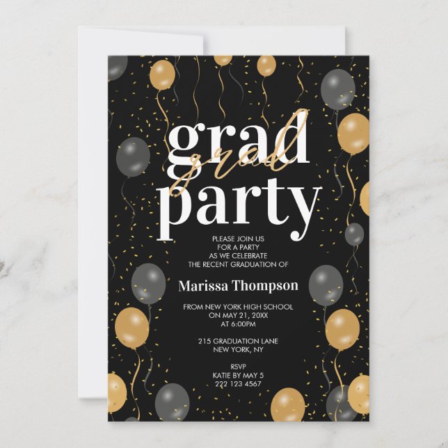 Elegant Black & Gold Balloons Graduation Invitation (Front)