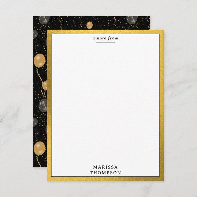 Elegant Black & Gold Balloons Party Card (Front/Back)