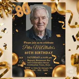 Elegant Black & Gold Balloons Photo 80th Birthday Invitation