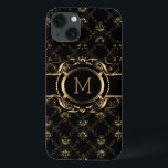 Elegant Black & Gold Baroque Floral Frame iPhone 13 Case<br><div class="desc">Elegant black and gold floral frame baroque style with customisable monogram.</div>