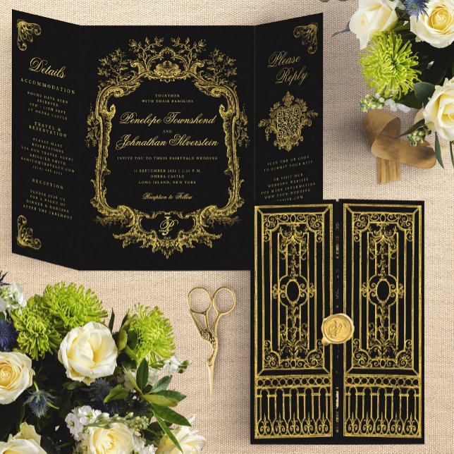 Elegant Black Gold Baroque Gate Fairytale Wedding Tri-Fold Invitation (Elegant Black Gold Baroque Fairytale Gatefold Wedding Invitation)