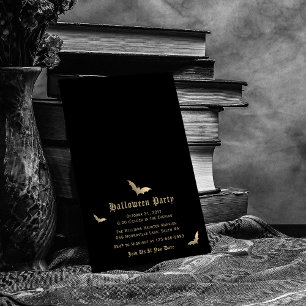 Elegant Black Gold Bat Halloween Party Invitation
