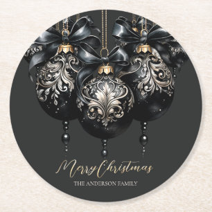 Elegant black gold baubles luxury Christmas Round Paper Coaster