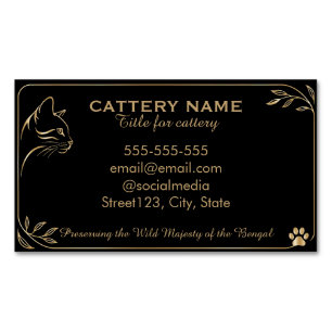 Elegant Black & Gold Bengal Cat Cattery Custom Magnetic Business Card