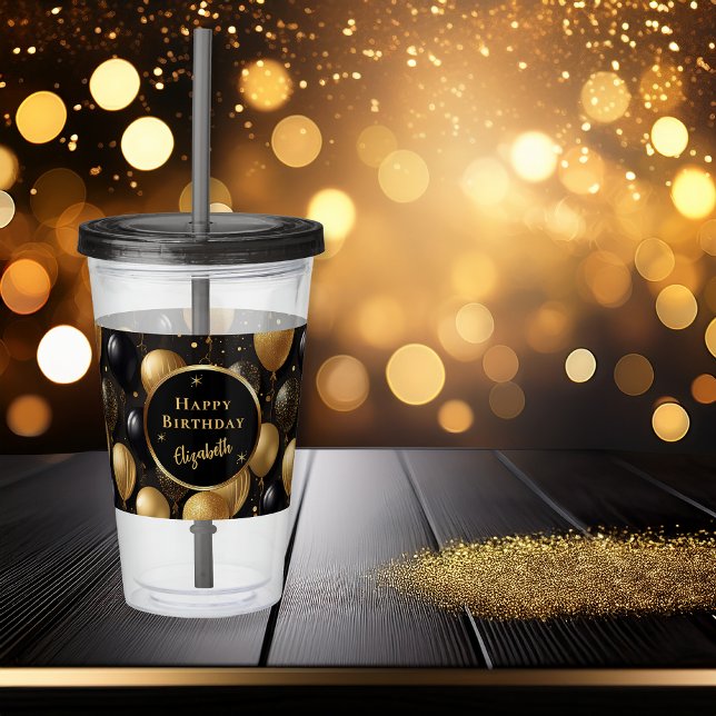  Elegant Black Gold Birthday Balloons Pattern Acrylic Tumbler (Elegant Black Gold-Tone Faux Glitter Balloons Pattern "Happy Birthday" Party Acrylic Tumbler)