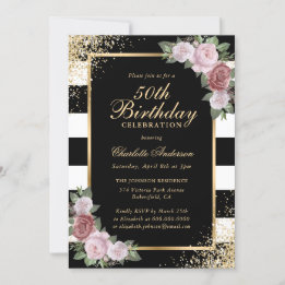 Elegant Black Gold Black Pink Floral 50th Birthday Invitation