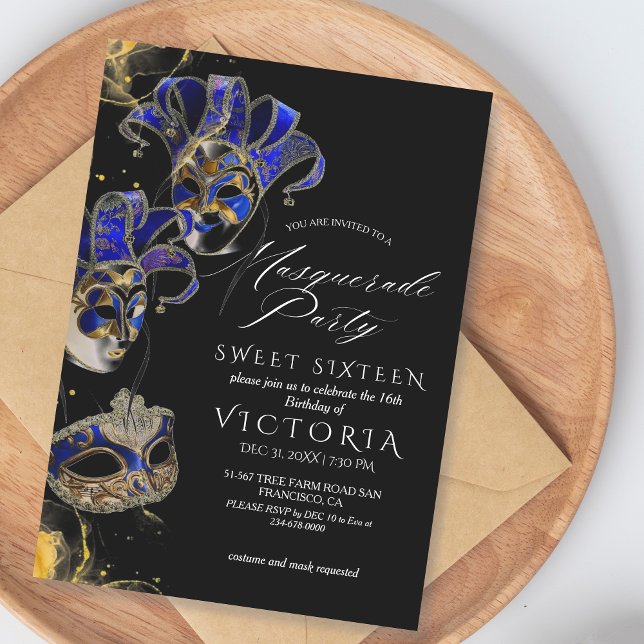 Elegant Black Gold Blue Masquerade 16th Birthday  Invitation (Creator Uploaded)