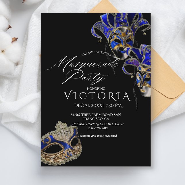 Elegant Black Gold Blue Masquerade Party Birthday  Invitation (Creator Uploaded)