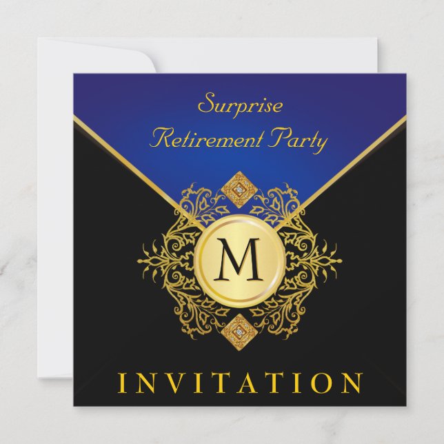Elegant Black Gold Blue Monogram Invite 2 (Front)