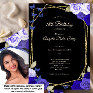 Elegant Black Gold Blue Roses 18th Birthday Debut  Invitation
