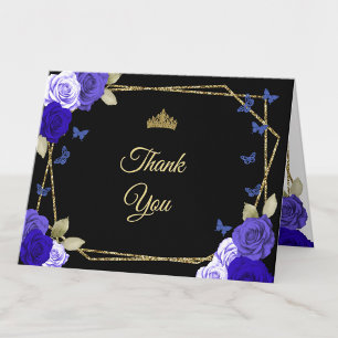 Elegant Black Gold Blue Roses Quinceanera Thank You Card